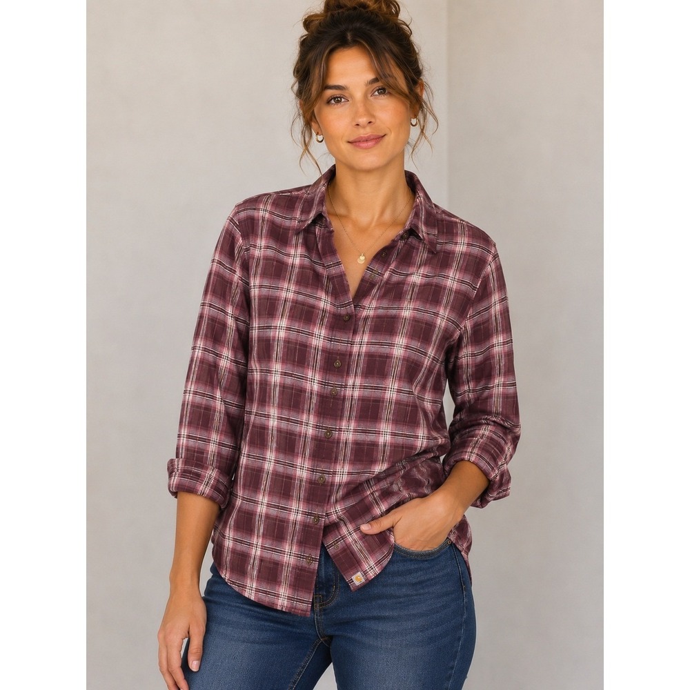 Carhartt Women's Plaid Long Sleeve Button Front Shirt XL (16/18) Maroon Pink